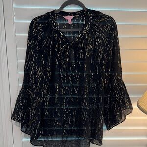 Lilly Pulitzer Black Sheer V-Neck Blouse with Gold Dot Accents
